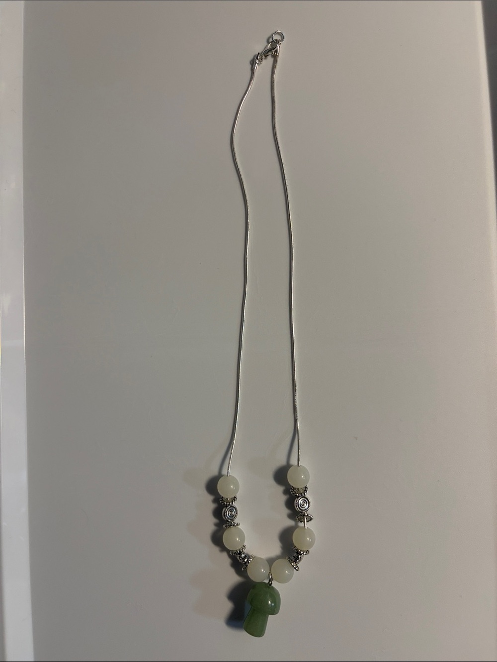 Sterling-Style Green Jade Mushroom Drop Pendant Necklace with Cream Beads